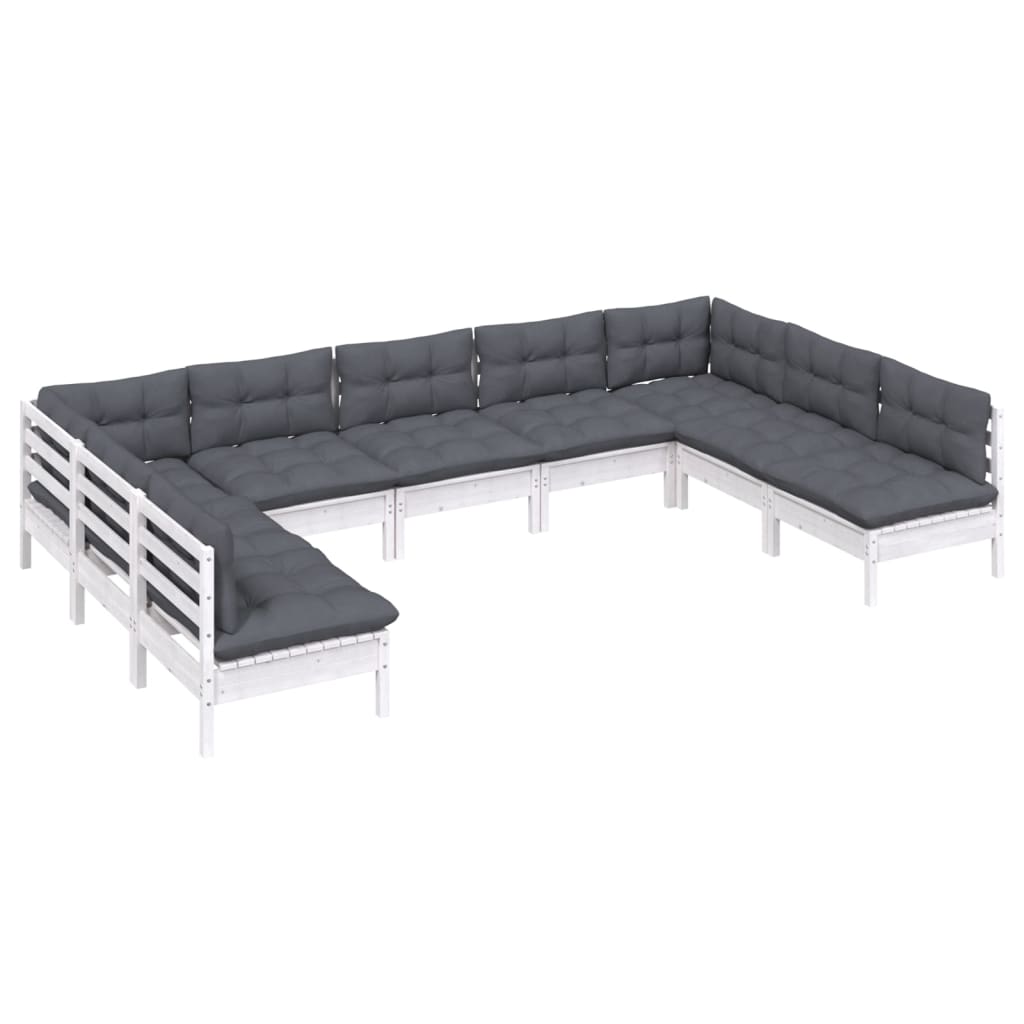 9-tlg. Garten-Lounge-Set mit Kissen Weiss Kiefer Massivholz